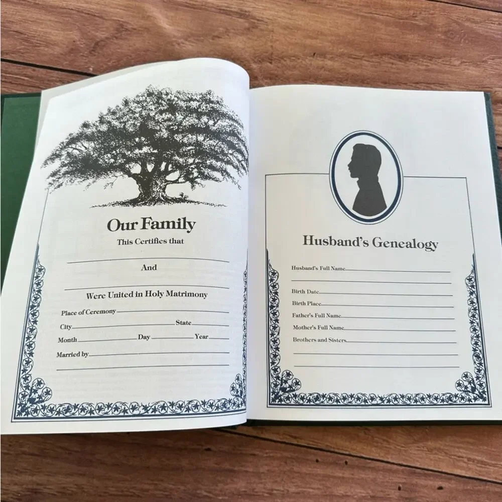 Vintage 70s blank leather bound and illustrated family tree and history journal